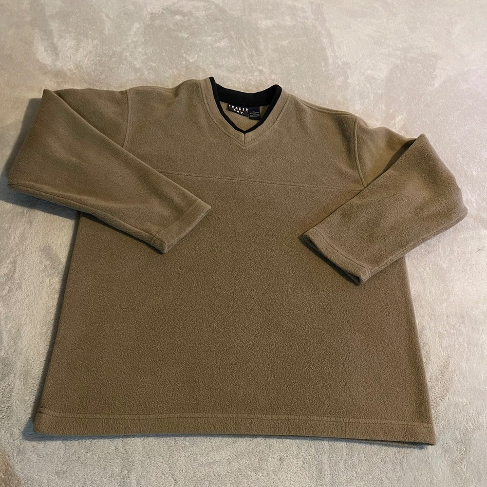 Vintage Trader Bay Mens Large Fleece V-Neck Pullover Sweater Brown Long Sleeve‎